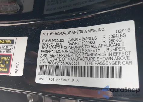 2018 Honda Accord Ex-L 2.0T z USA, uszkodzony, nr VIN 1HGCV2F55JA028533